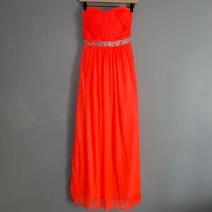 Sz 5 JODI KRISTOPHER Neon Orange Strapless Rhinestone Accent Prom Dress *Flaws*